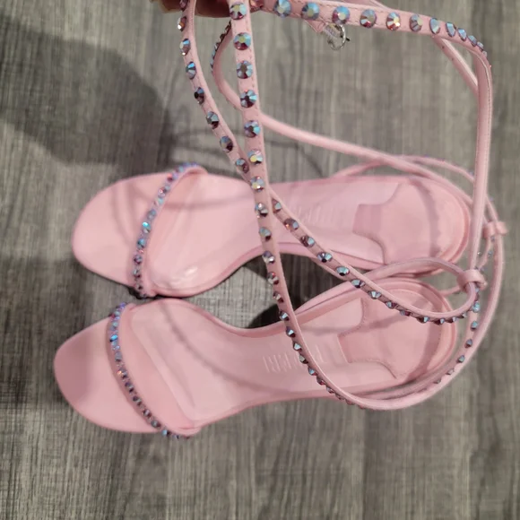Piferi Satin Vegan Leather Ankle Wrap Stylish Pink Rhinestone Heels Size 37 Or 7 - Picture 11 of 14